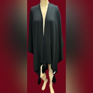 1990 Express poncho solid black knit shoulder long shawl pompoms vintage